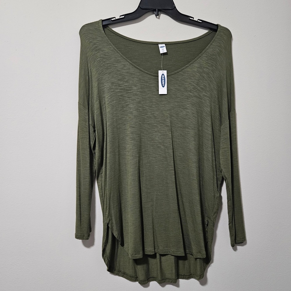 Old Navy Luxe Women Olive Green V-Neck Long Sleeve Tunic Top Slub Knit Med NWT